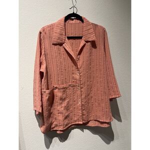 Fridaze 100% Linen Top‎ Coral Striped Button Up Size L Blouse Lagenlook Beach